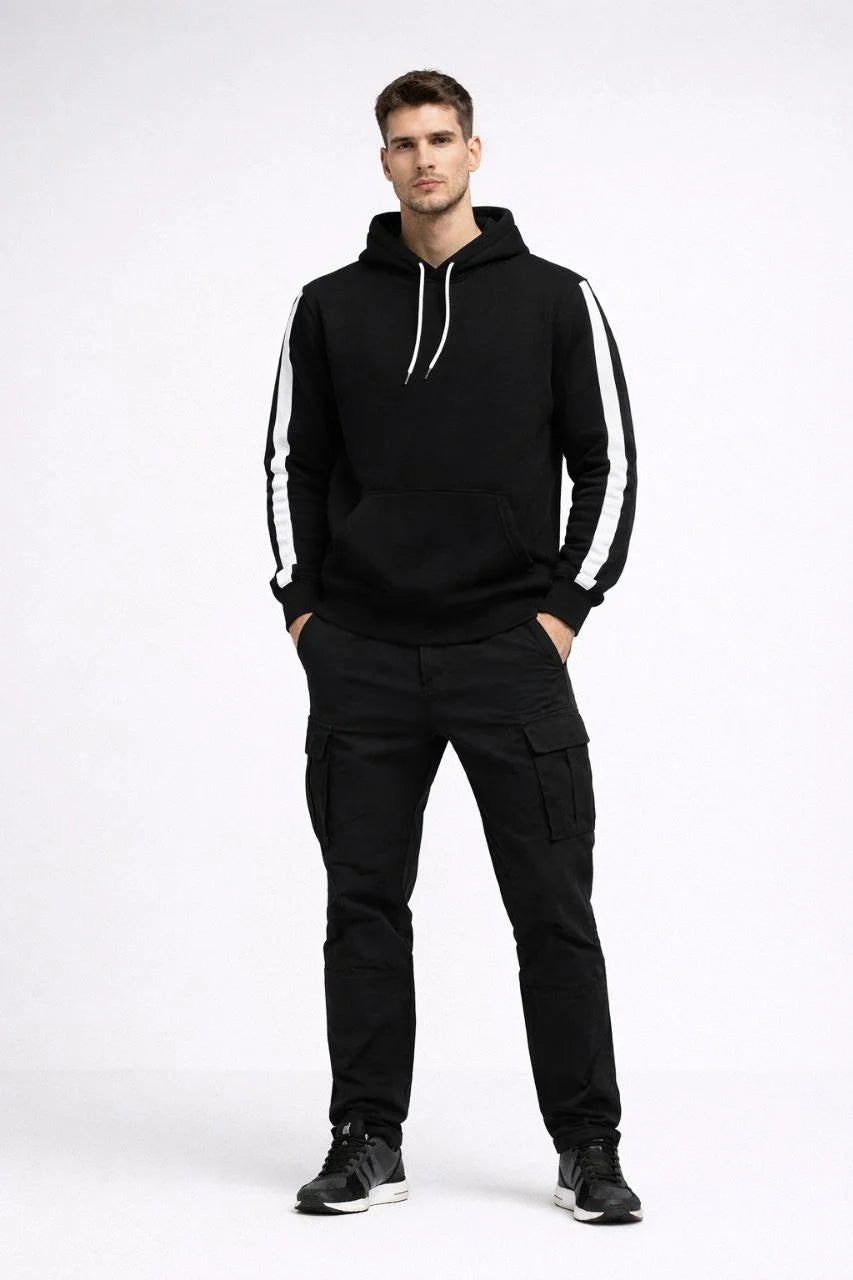 Erkek Şeritli Kapüşonlu Sweatshirt Oversize 3 iplik Pamuklu Hoodie - Siyah