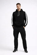 Erkek Şeritli Kapüşonlu Sweatshirt Oversize 3 iplik Pamuklu Hoodie - Siyah