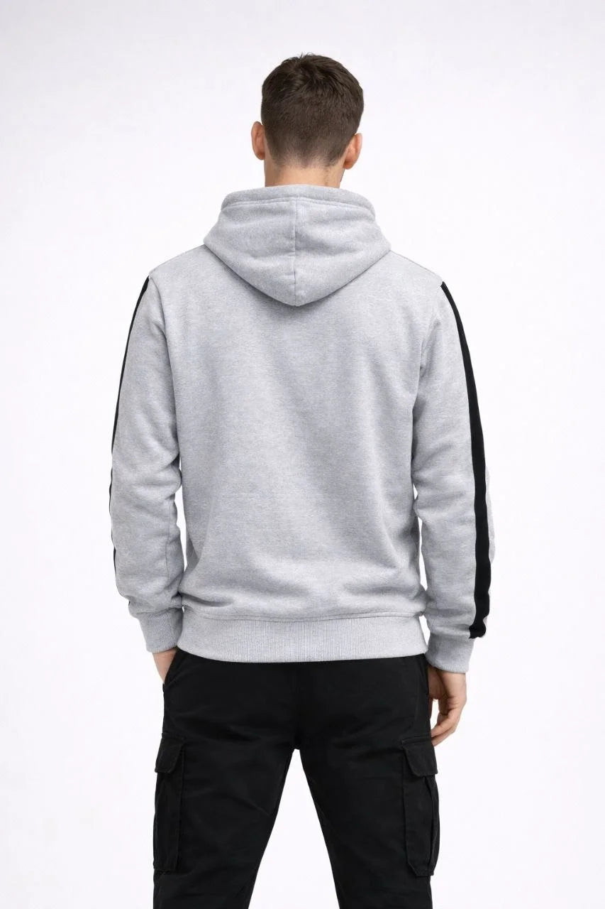Erkek Şeritli Kapüşonlu Oversize Sweatshirt 3 iplik Pamuklu hoodie - Beyaz