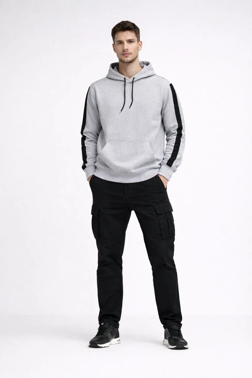 Erkek Şeritli Kapüşonlu Oversize Sweatshirt 3 iplik Pamuklu hoodie - Beyaz