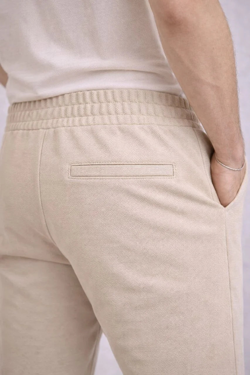 Erkek Diagonel Mikro dokulu Duble Paça Cepli Pantolon ,Modern Kesim - Krem