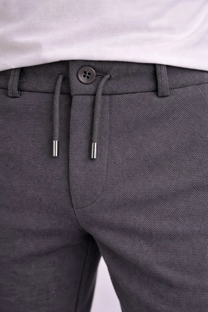 Erkek Diagonel Mikro dokulu Duble Paça Cepli Pantolon, Modern Kesim - Füme