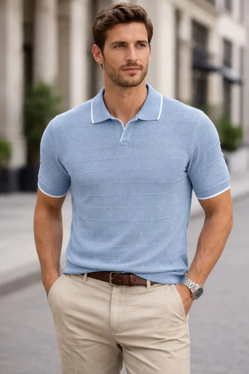 Erkek Fitilli Yazlık Triko Tişört Düğmesiz Polo Yaka Kısa Kol T-shirt - Bebek Mavisi