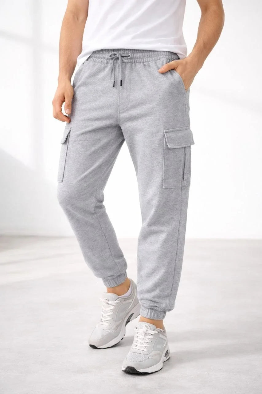 Erkek Jogger Eşofman Altı Kargo Cepli Lastikli Paça Spor Pantolon - Gri
