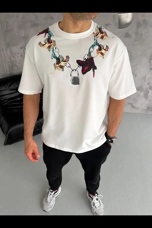 Erkek Baskılı T-Shirt Kısa Kol Bisiklet Yaka Regular Fit Tişört - Beyaz