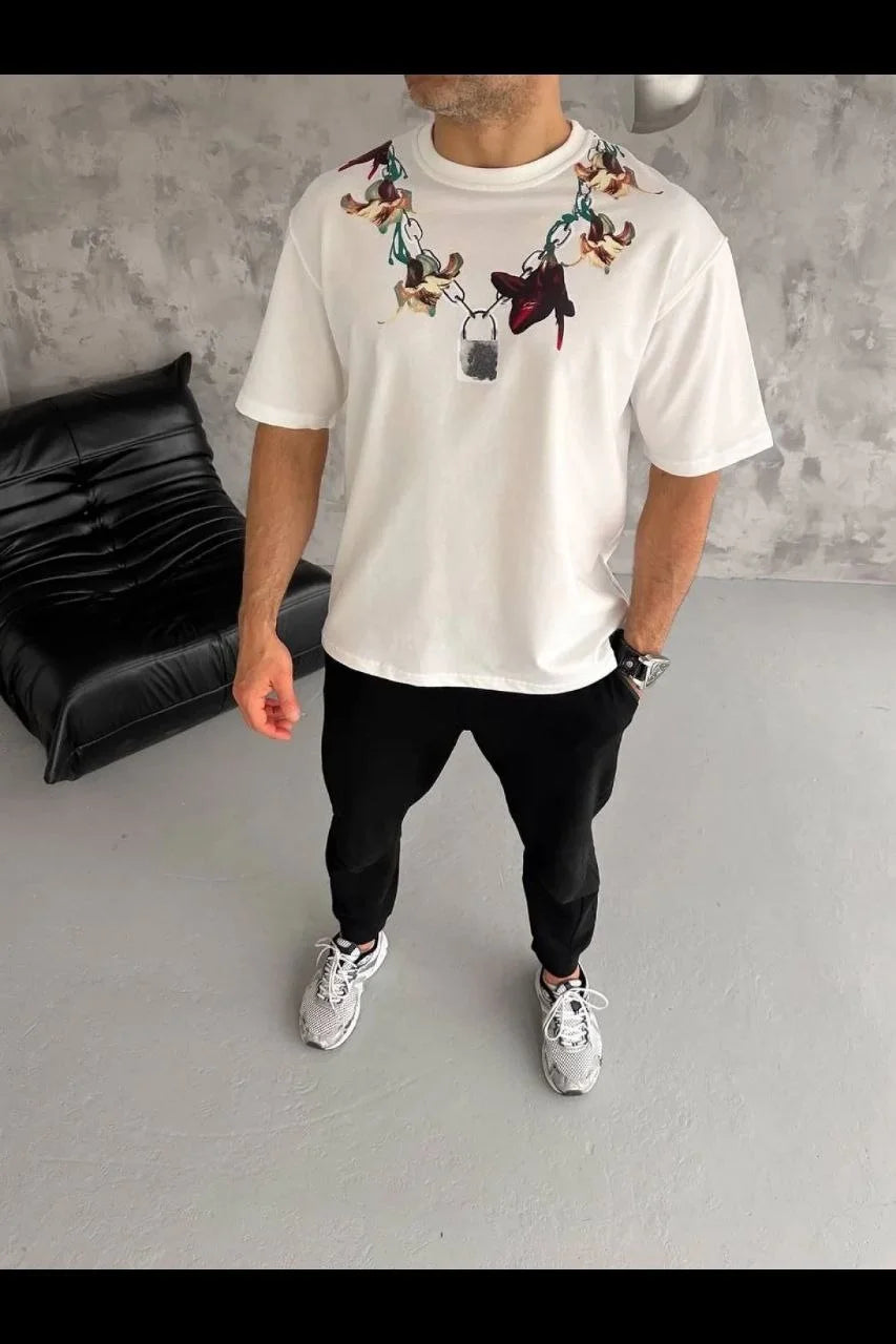 Erkek Baskılı T-Shirt Kısa Kol Bisiklet Yaka Regular Fit Tişört - Beyaz