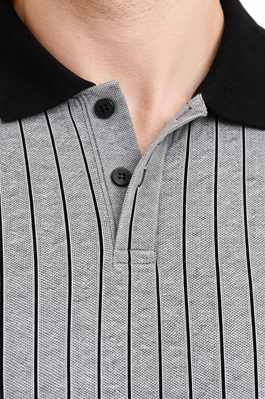 Erkek Polo Yaka Çizgili Tişört Kısa Kol Düğmeli Yazlık T-Shirt - Gri