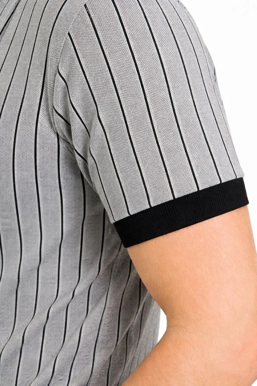 Erkek Polo Yaka Çizgili Tişört Kısa Kol Düğmeli Yazlık T-Shirt - Gri