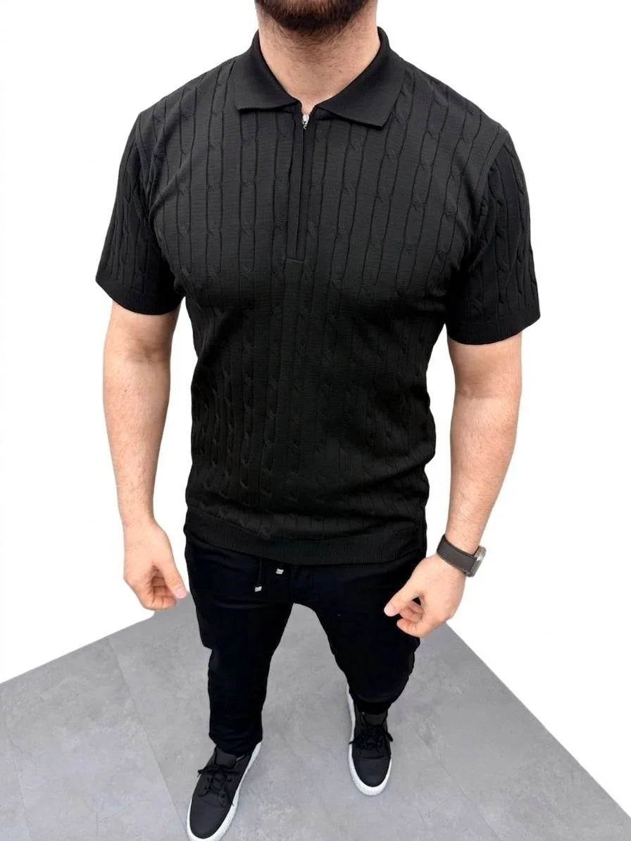 Erkek Yazlık Triko Saç Örgü Tişört Kısa Kol Polo Yaka Fermuarlı T-Shirt - Siyah