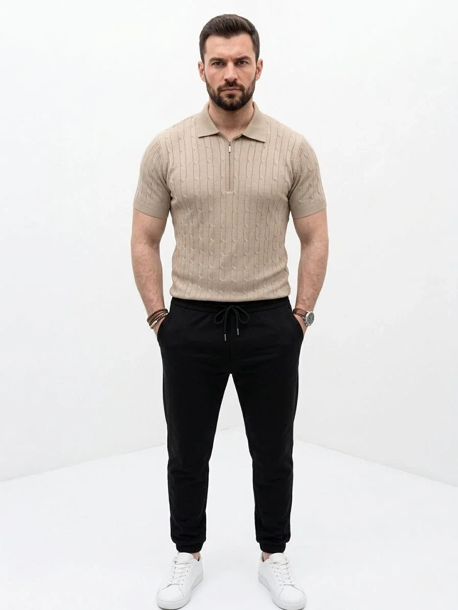 Erkek Yazlık Triko Saç Örgü Tişört Kısa Kol Polo Yaka Fermuarlı T-Shirt - Bej