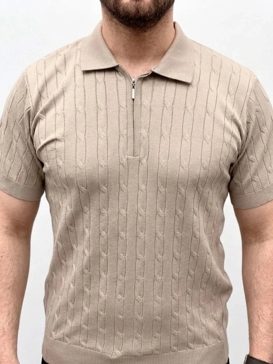 Erkek Yazlık Triko Saç Örgü Tişört Kısa Kol Polo Yaka Fermuarlı T-Shirt - Bej