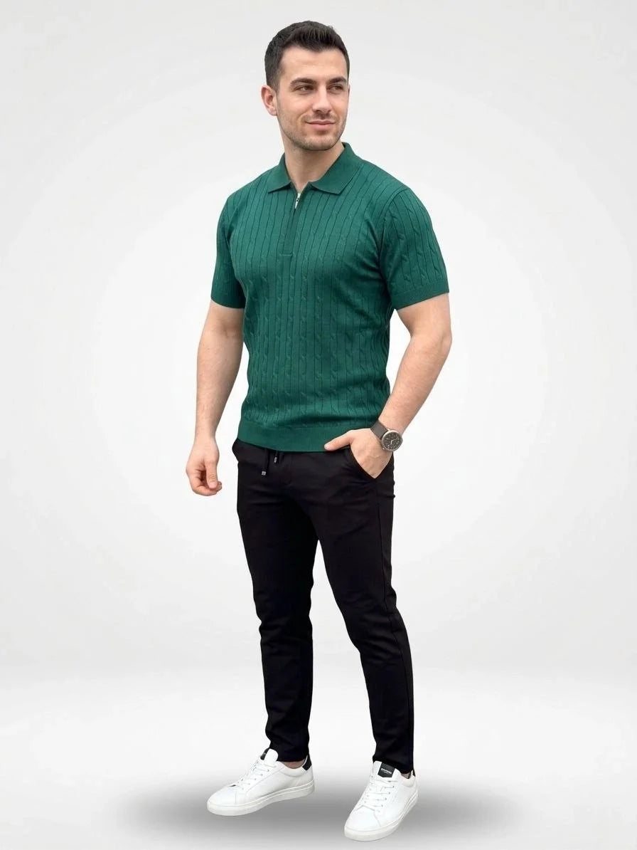 Erkek Yazlık Triko Saç Örgü Tişört Kısa Kol Polo Yaka Fermuarlı T-Shirt - Haki