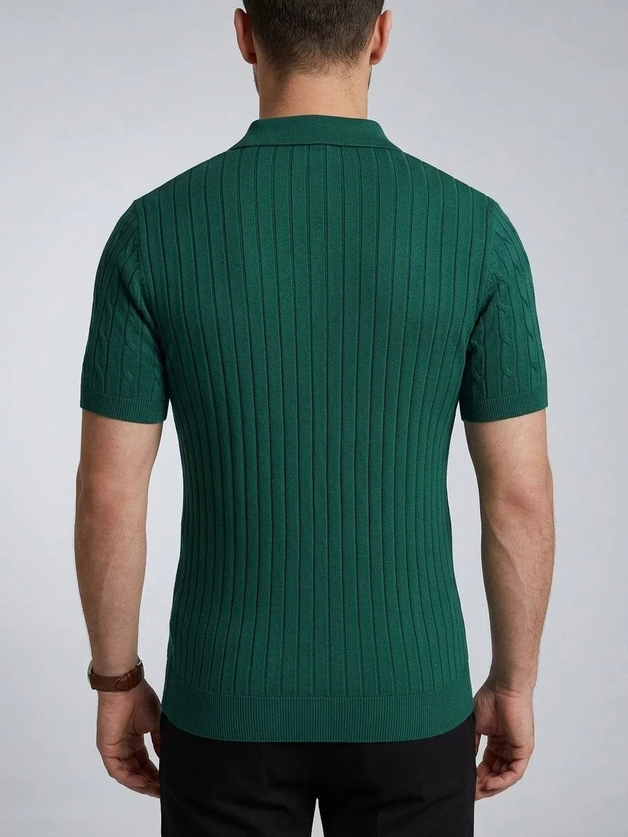 Erkek Yazlık Triko Saç Örgü Tişört Kısa Kol Polo Yaka Fermuarlı T-Shirt - Haki