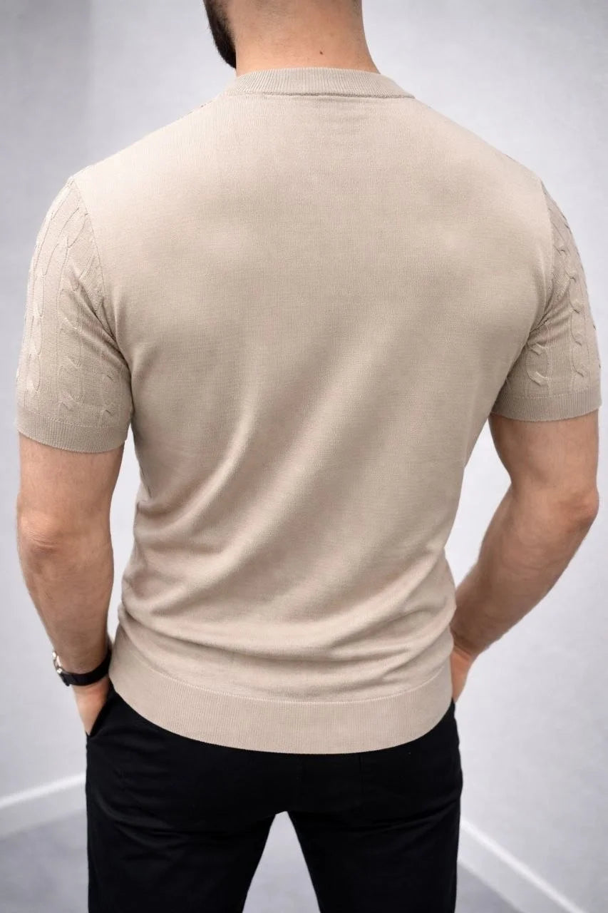 Erkek Yazlık Triko Dokuma Tişört Kısa Kol Bisiklet Yaka Örgü Desenli T-Shirt - Bej