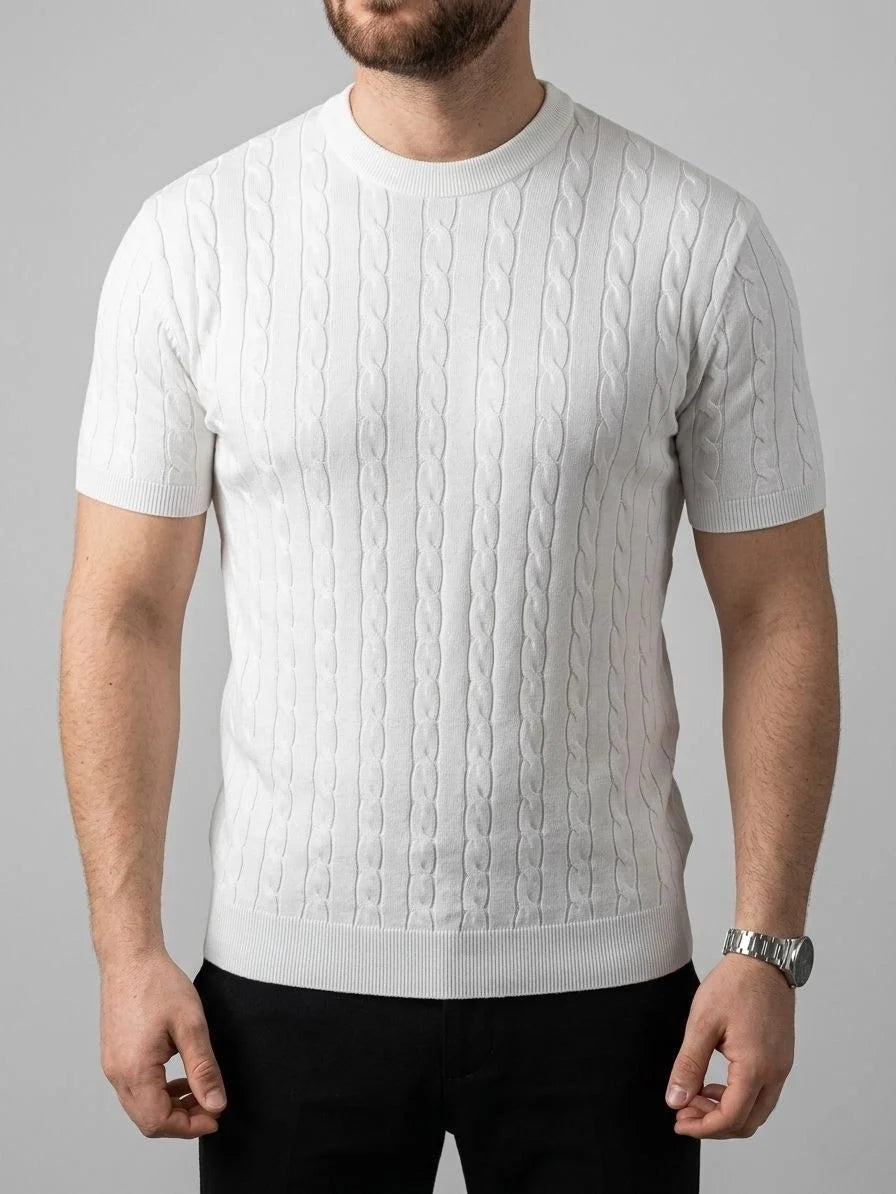 Erkek Yazlık Triko Dokuma Tişört Kısa Kol Bisiklet Yaka Örgü Desenli T-Shirt - Beyaz