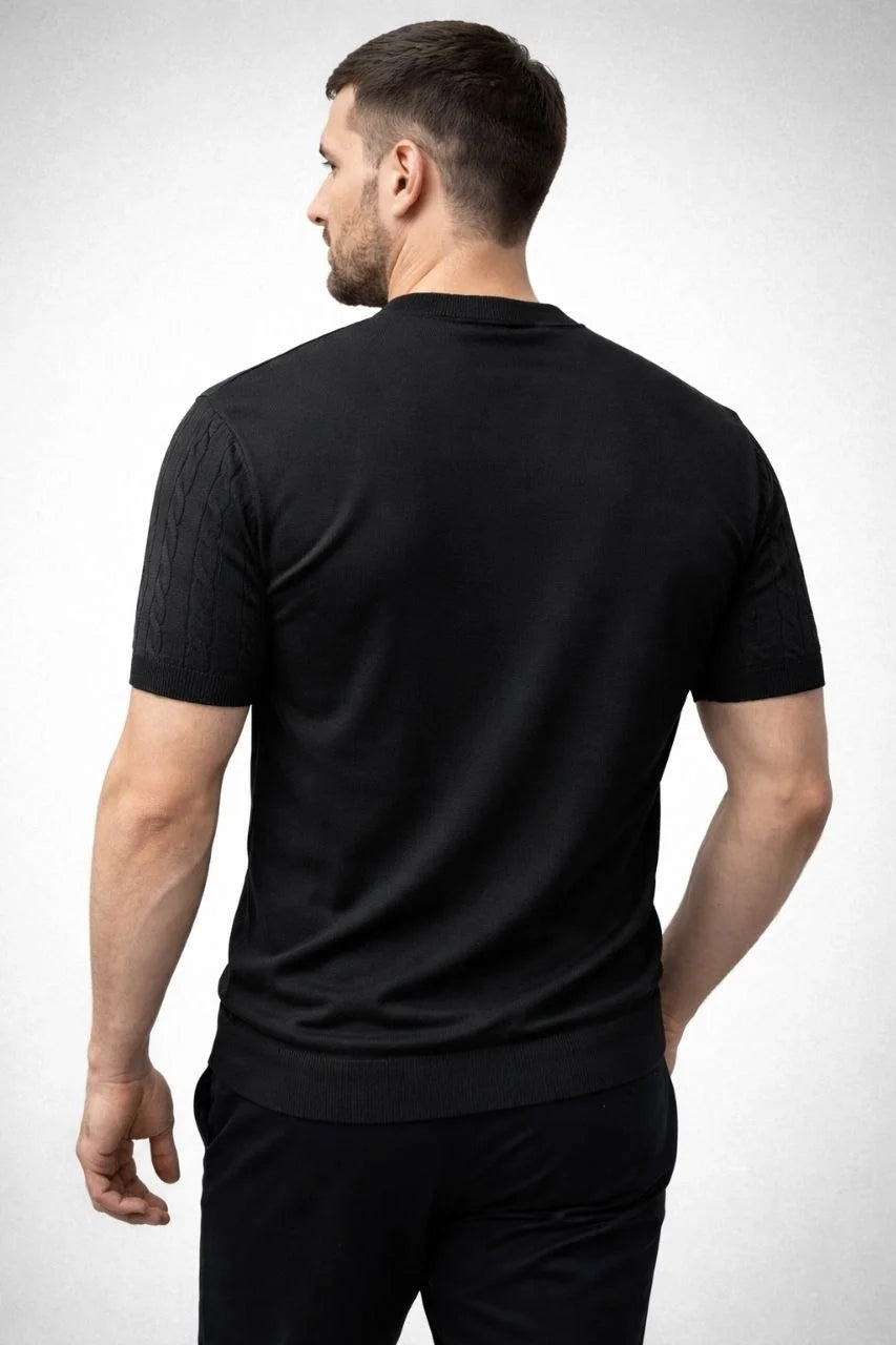 Erkek Yazlık Triko Dokuma Tişört Kısa Kol Bisiklet Yaka Örgü Desenli T-Shirt - Siyah