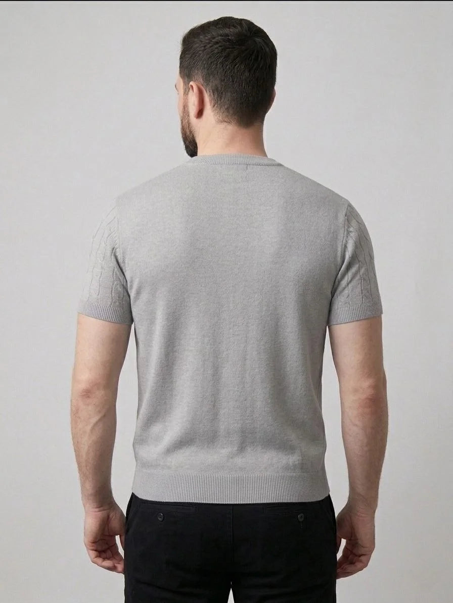 Erkek Yazlık Triko Dokuma Tişört Kısa Kol Bisiklet Yaka Örgü Desenli T-Shirt - Gri