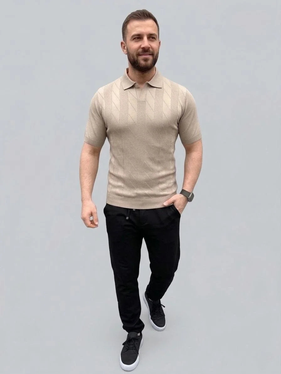Erkek Yazlık Triko Dokuma Tişört Kısa Kol Polo Yaka T-Shirt - Bej