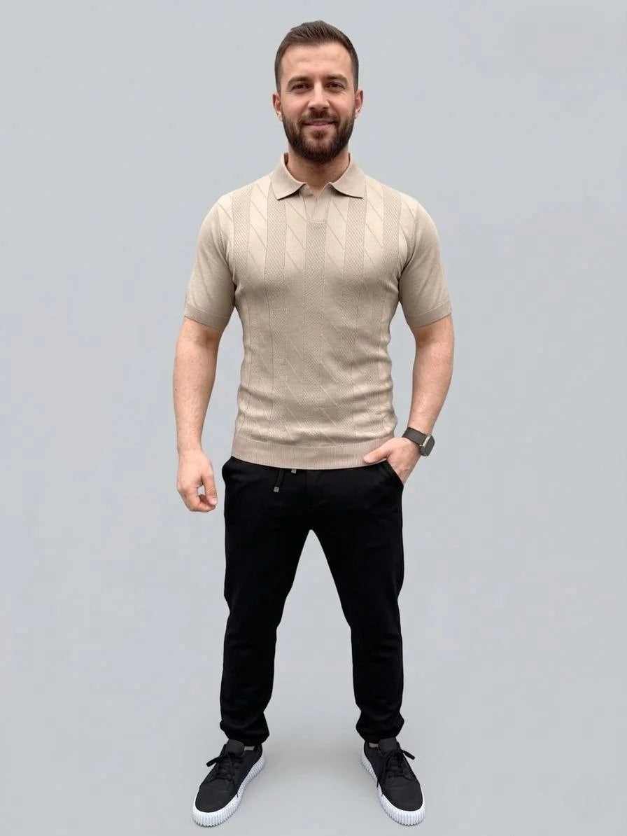 Erkek Yazlık Triko Dokuma Tişört Kısa Kol Polo Yaka T-Shirt - Bej