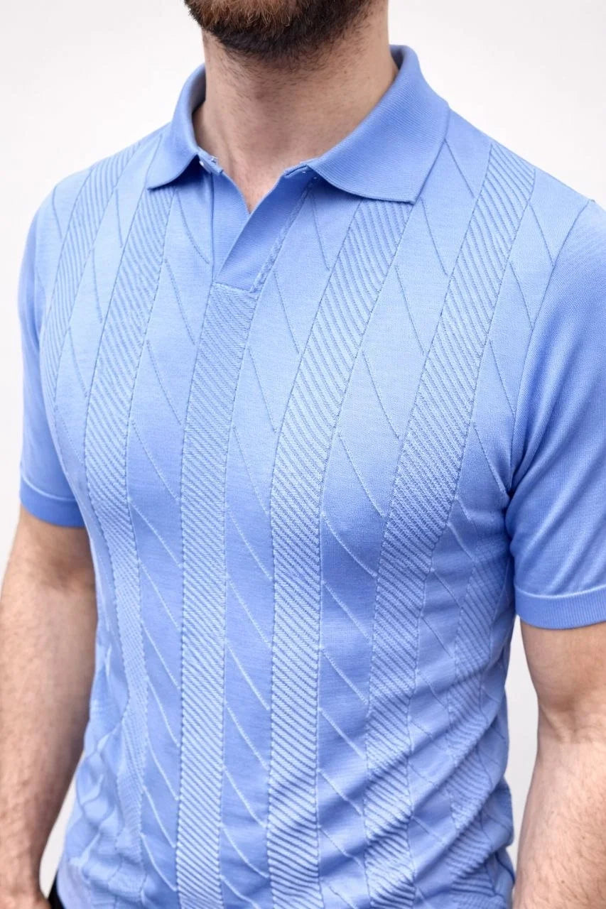 Erkek Yazlık Triko Dokuma Tişört Kısa Kol Polo Yaka T-Shirt - Bebek Mavisi