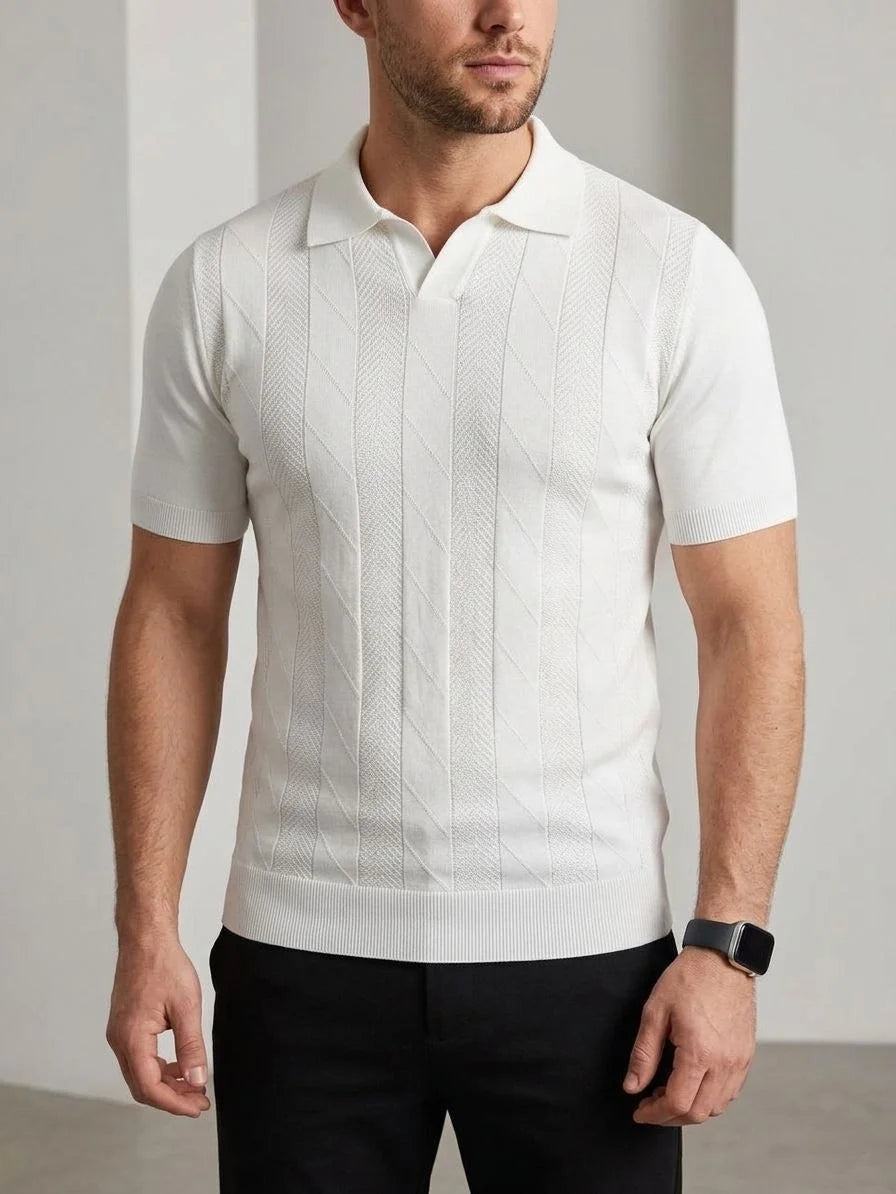 Erkek Yazlık Triko Dokuma Tişört Kısa Kol Polo Yaka T-Shirt - Beyaz