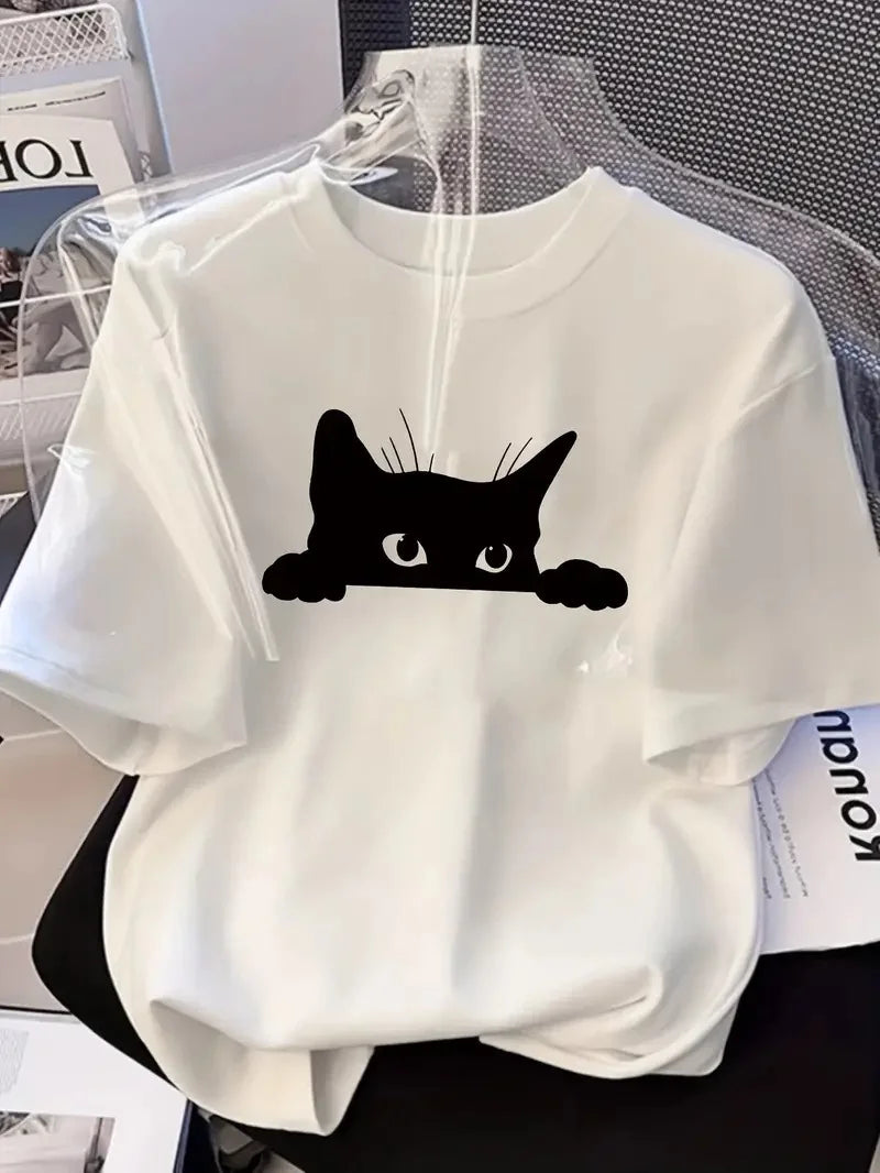 Kadınlar için Siyah Kedi Grafik Tişört - Oversize Kısa Kollu Üst Nefes Alabilir - Beyaz