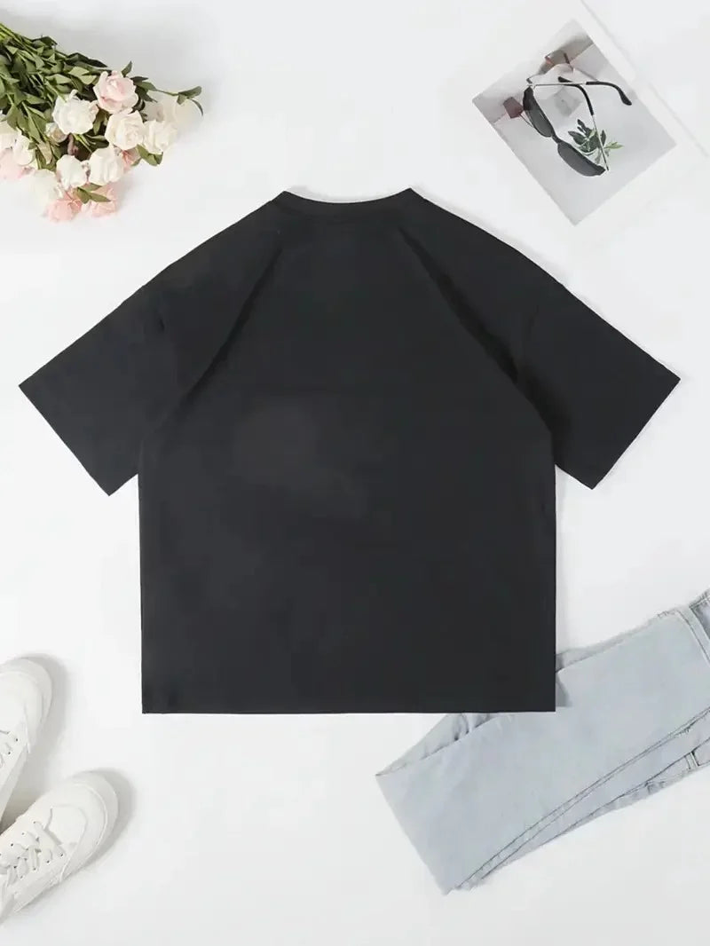 Kadın T-Shirt Ördek Baskılı Bisiklet Yakalı Kısa kol Tişört - Siyah