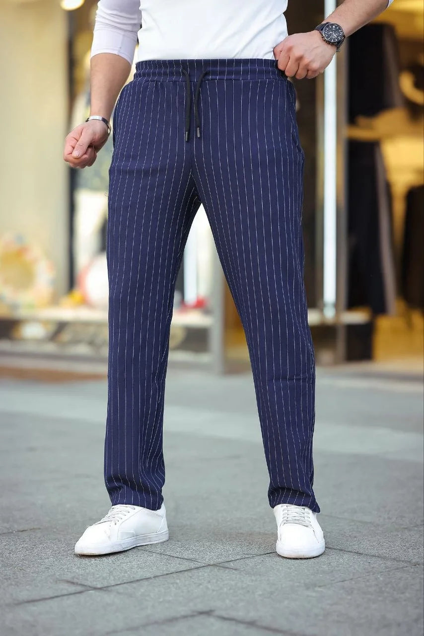 Erkek Cizgili Dokuma Krep Jogger Buggy Pantalon Rahat kalıp - Lacivert