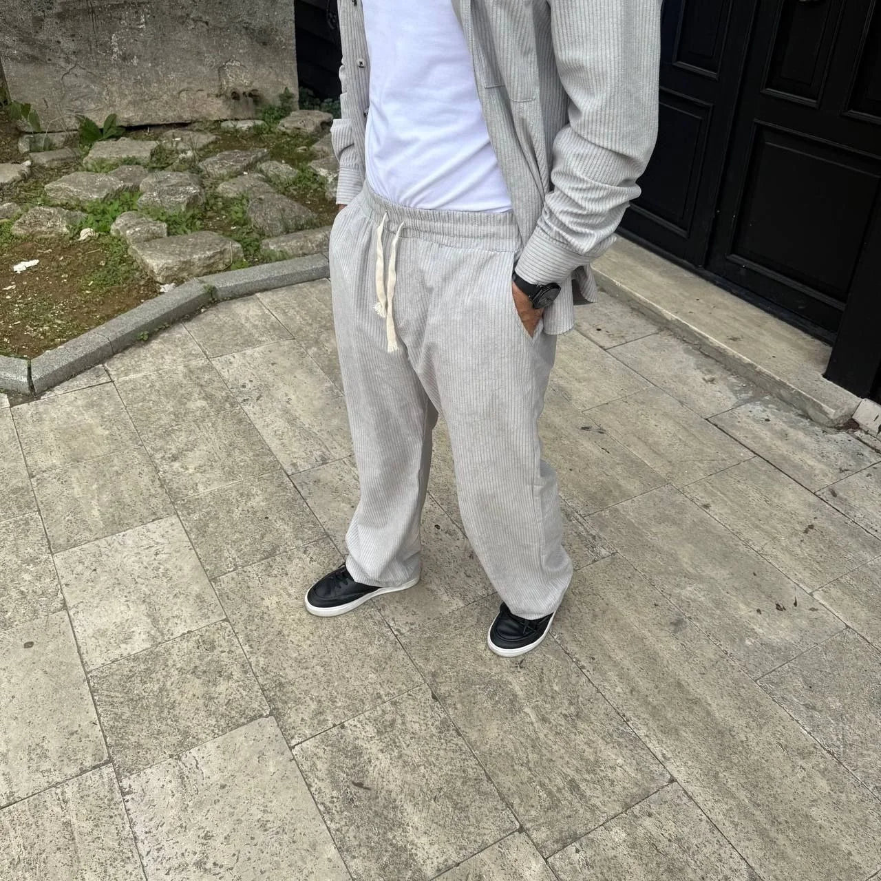 Erkek Fitilli Kadife Cepli Buggy Pantolon Oversize Rahat Kalıp - Gri