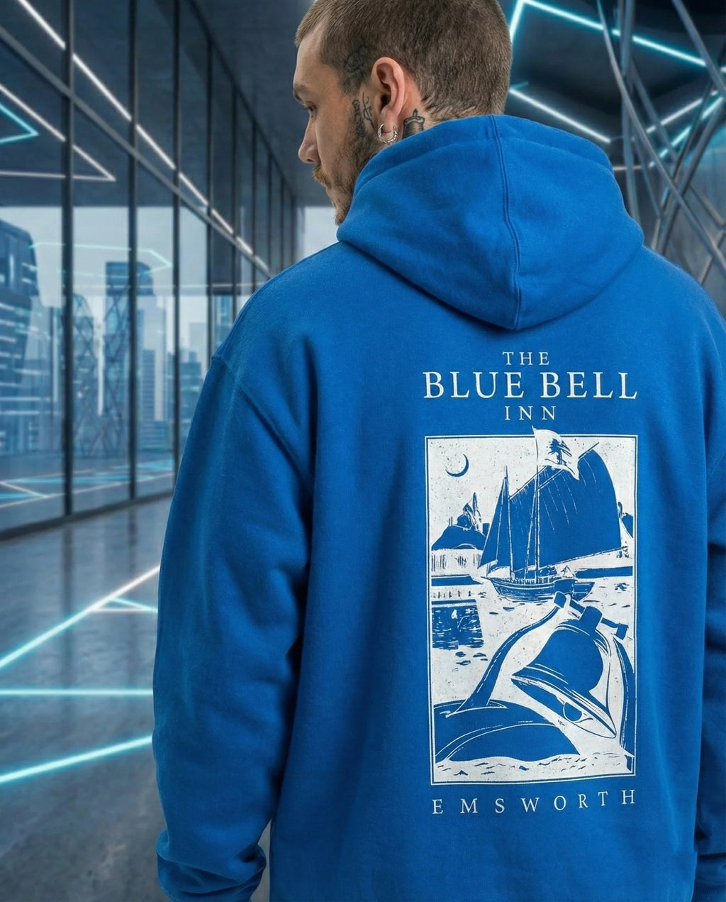 Erkek Baskılı Kapüşonlu Cepli Hoodie 3 İplik Pamuklu Sweatshirt - Saks Mavisii
