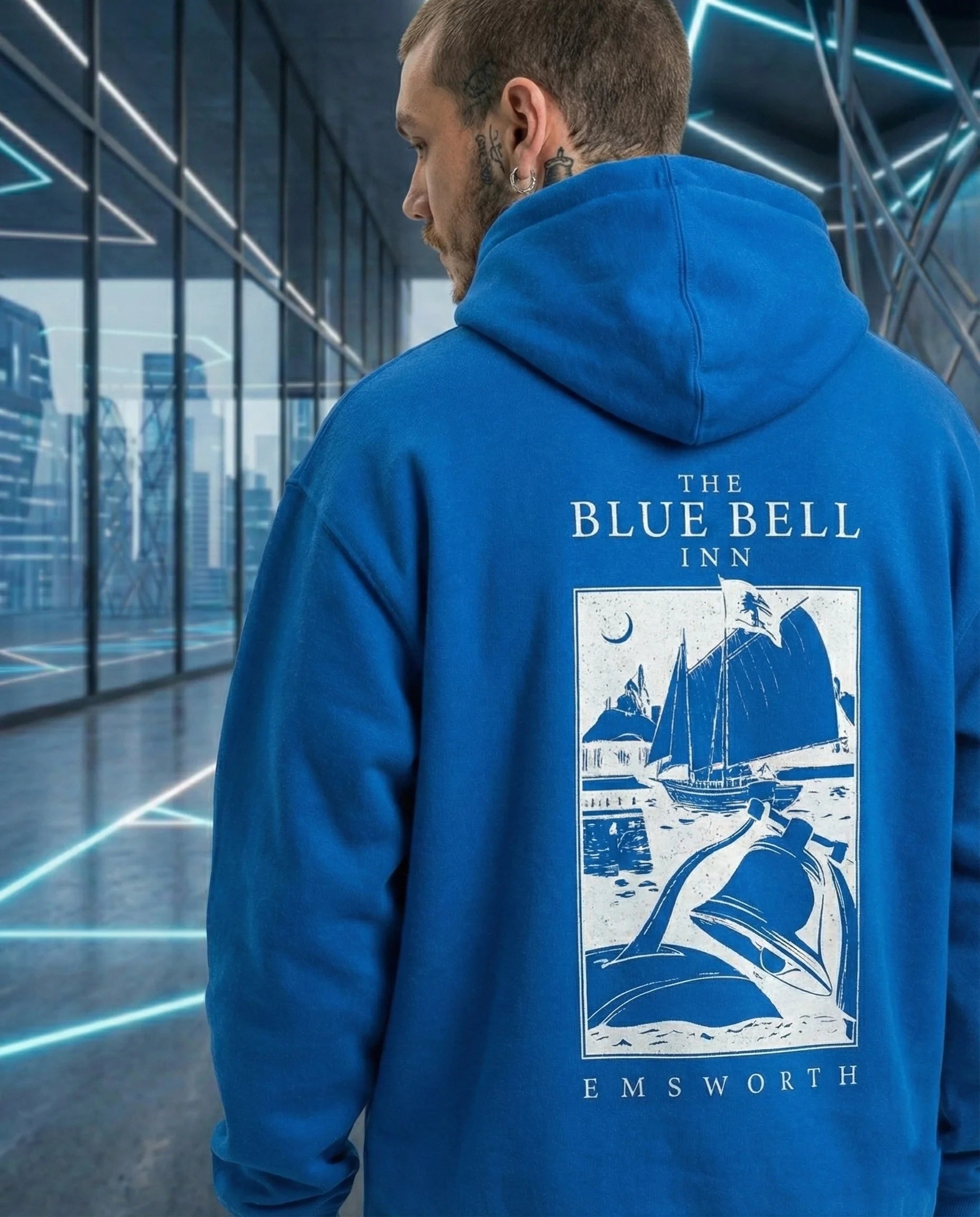 Erkek Baskılı Kapüşonlu Cepli Hoodie 3 İplik Pamuklu Sweatshirt - Saks Mavisii
