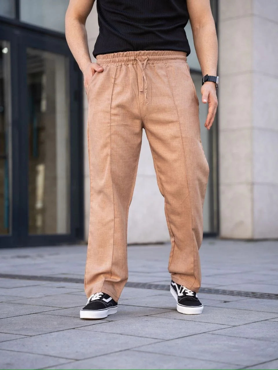 Erkek Keten Cepli Çıma Dikişli jogger Buggy Pantalon Rahat kalıp - Kahverengi
