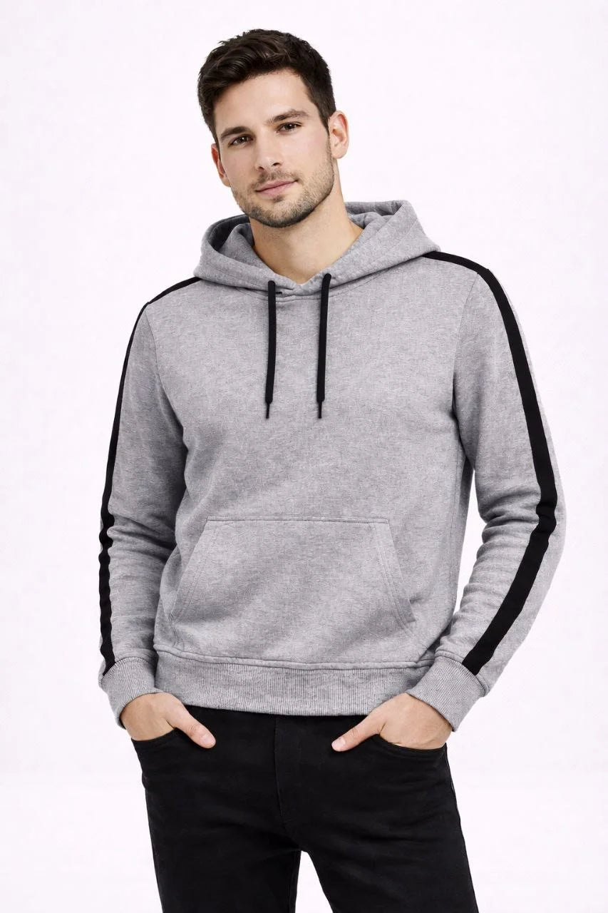 Erkek Şeritli Kapüşonlu Sweatshirt Oversize 3 iplik Pamuklu Hoodie - Gri