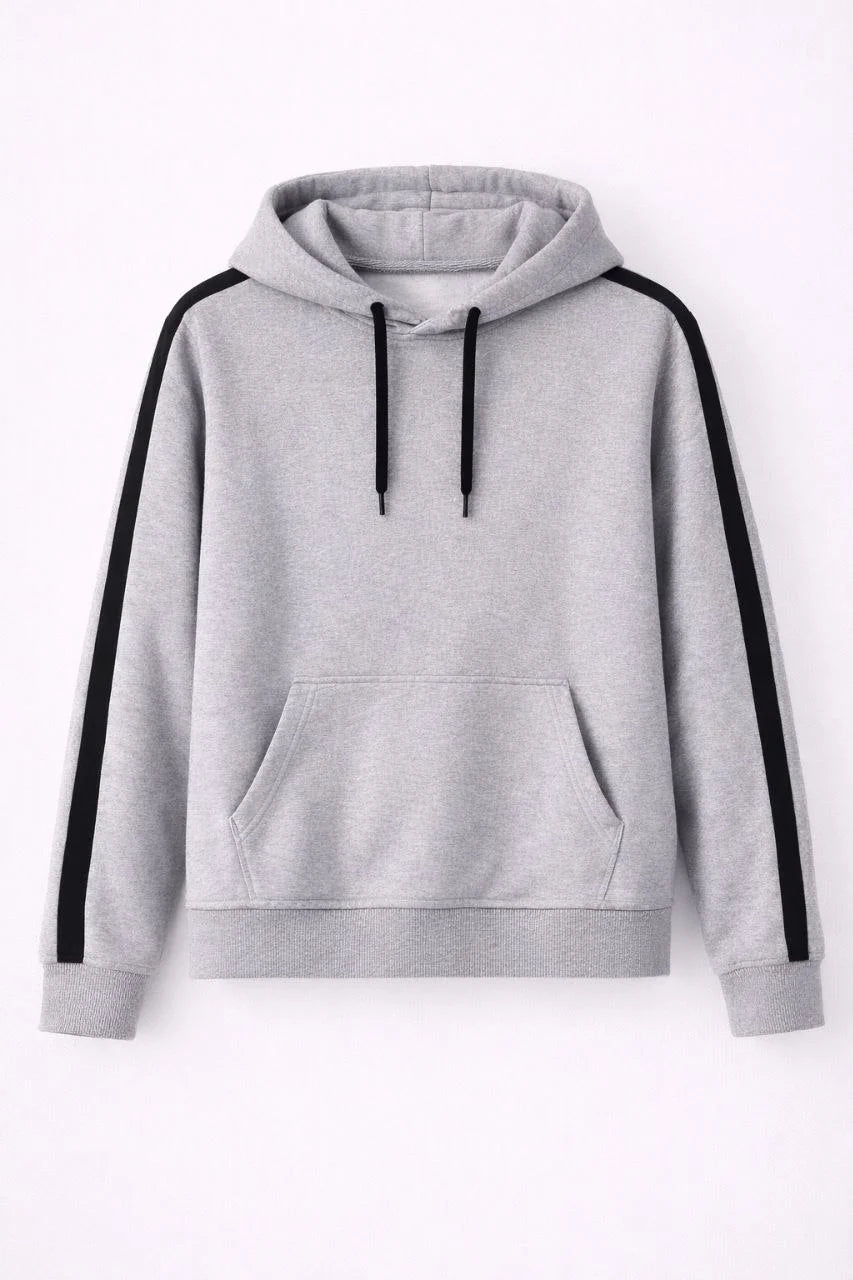 Erkek Şeritli Kapüşonlu Sweatshirt Oversize 3 iplik Pamuklu Hoodie - Gri