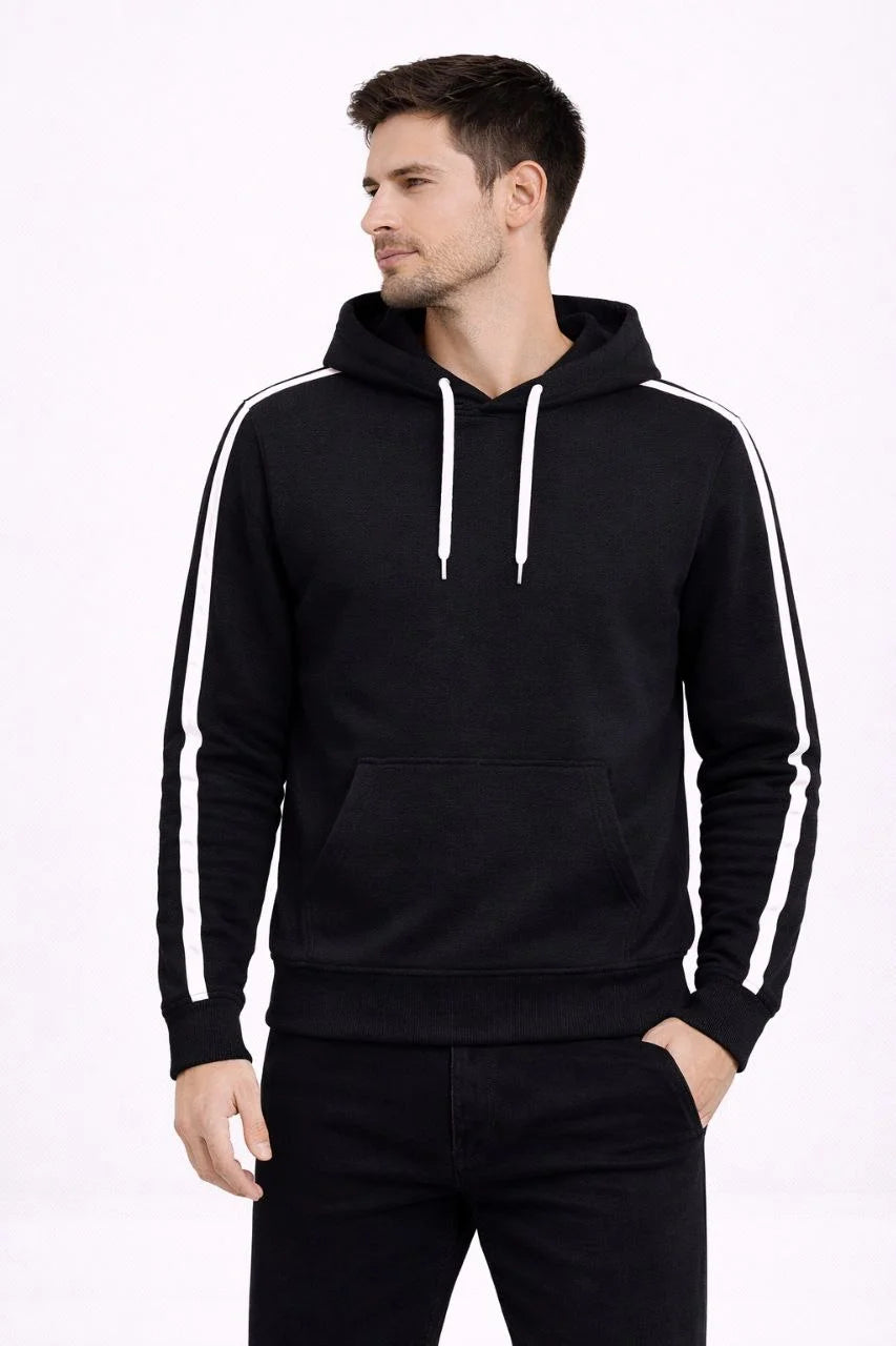 Erkek Şeritli Kapüşonlu Sweatshirt Oversize 3 iplik Pamuklu Hoodei - Siyah