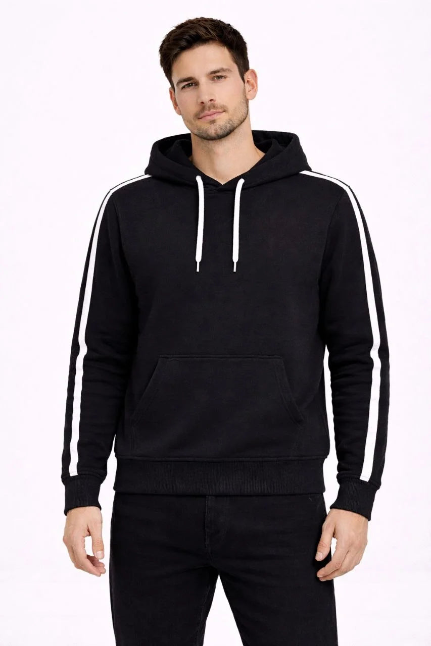 Erkek Şeritli Kapüşonlu Sweatshirt Oversize 3 iplik Pamuklu Hoodei - Siyah