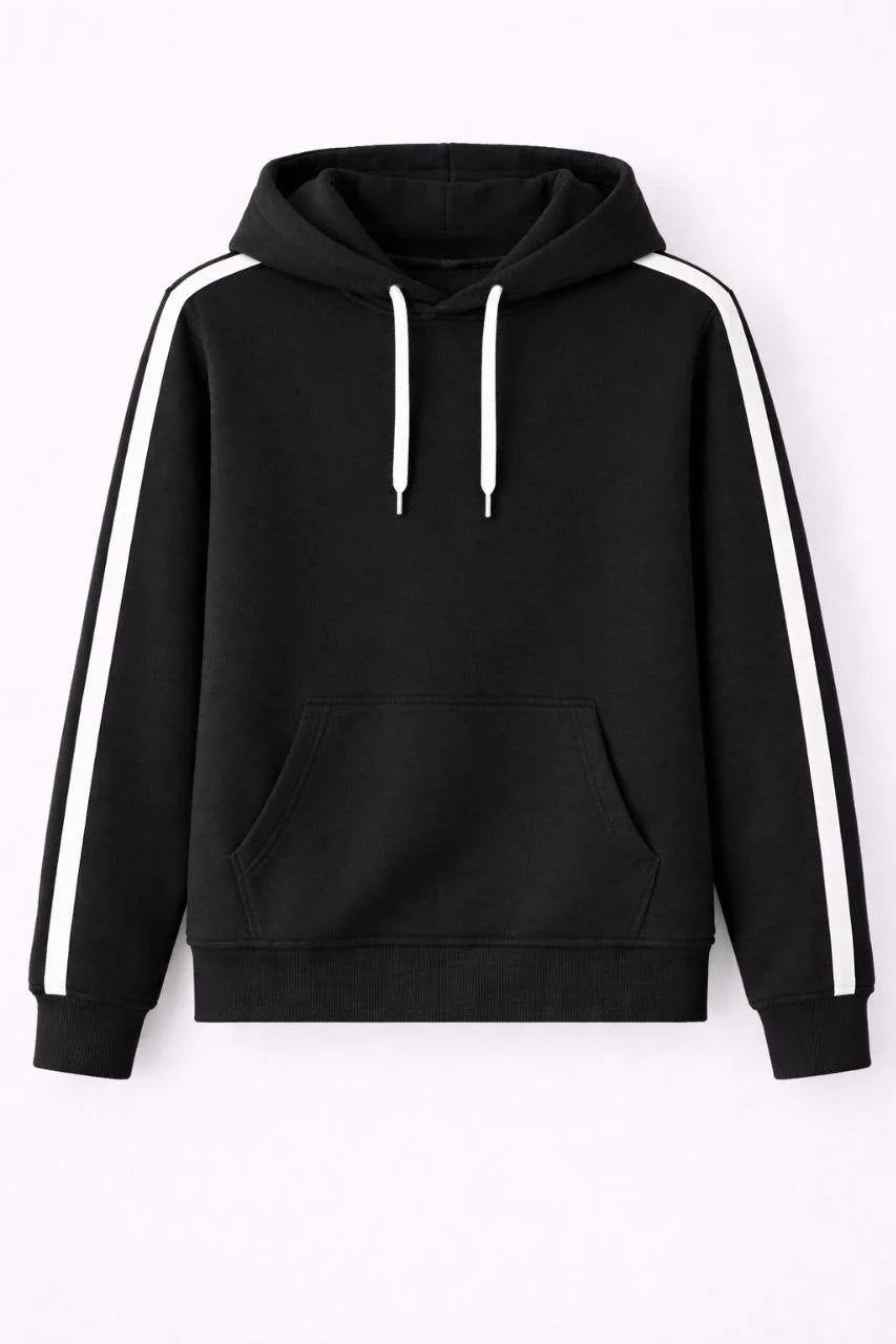 Erkek Şeritli Kapüşonlu Sweatshirt Oversize 3 iplik Pamuklu Hoodei - Siyah