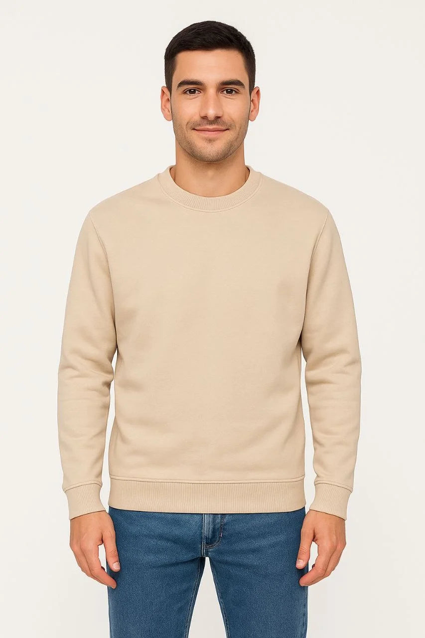 Erkek 3 İplik Pamuklu Düz Bisiklet Yaka SweatShirt - Bej