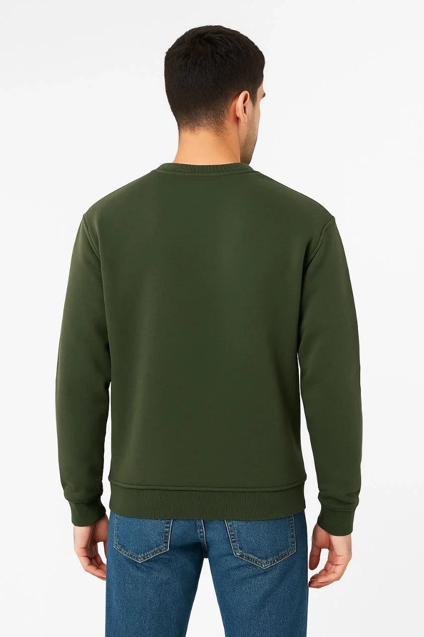 Erkek 3 İplik Pamuklu Düz Bisiklet Yaka SweatShirt - Haki