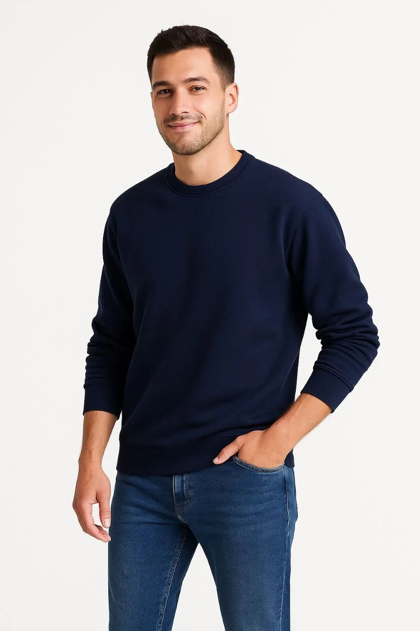 Erkek 3 İplik Pamuklu Düz Bisiklet Yaka SweatShirt - Lacivert