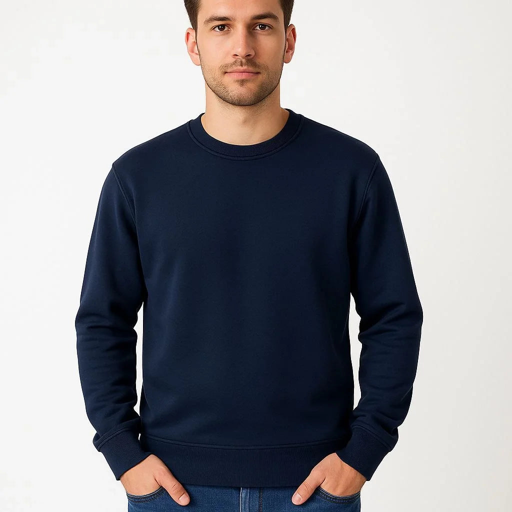 Erkek 3 İplik Pamuklu Düz Bisiklet Yaka SweatShirt - Lacivert