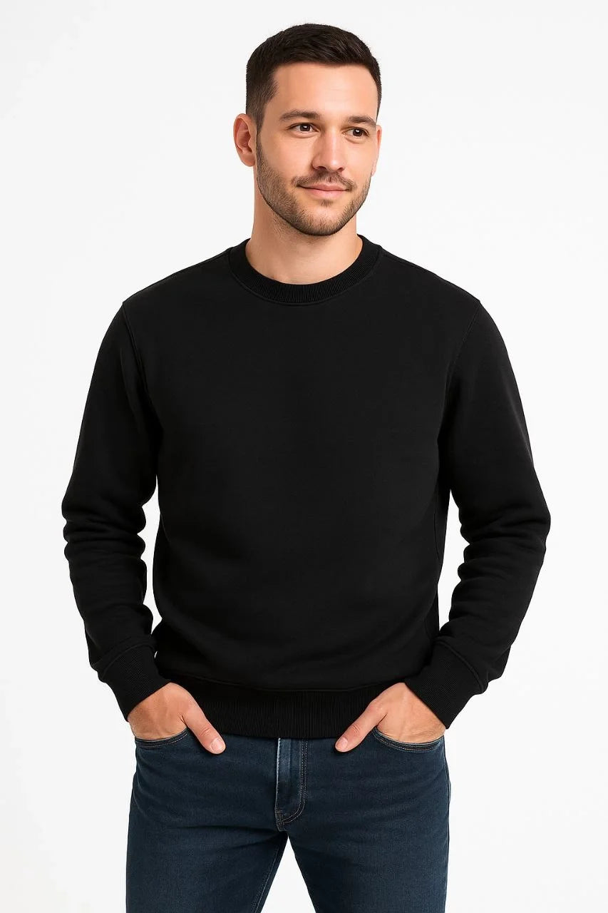 Erkek 3 İplik Pamuklu Düz Bisiklet Yaka SweatShirt - Siyah