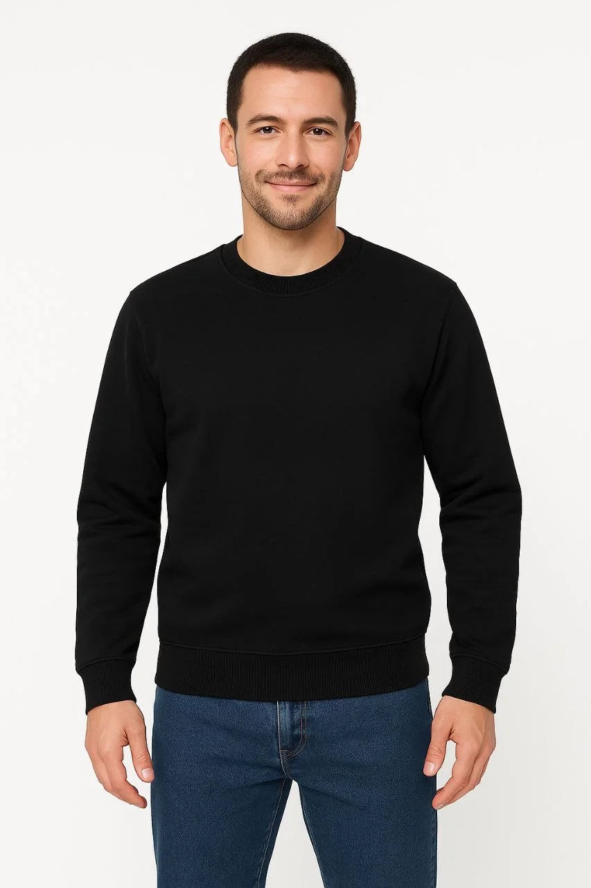 Erkek 3 İplik Pamuklu Düz Bisiklet Yaka SweatShirt - Siyah