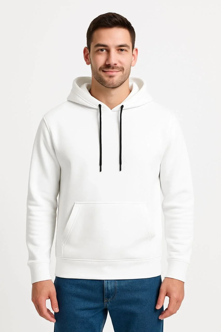 Erkek 3 İplik Pamuklu Kapüşonlu Kanguru Cepli SweatShirt hoodie - Beyaz