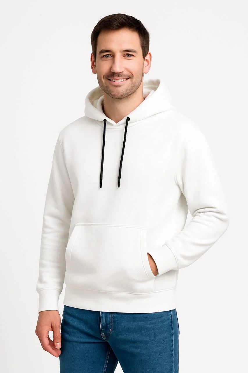 Erkek 3 İplik Pamuklu Kapüşonlu Kanguru Cepli SweatShirt hoodie - Beyaz