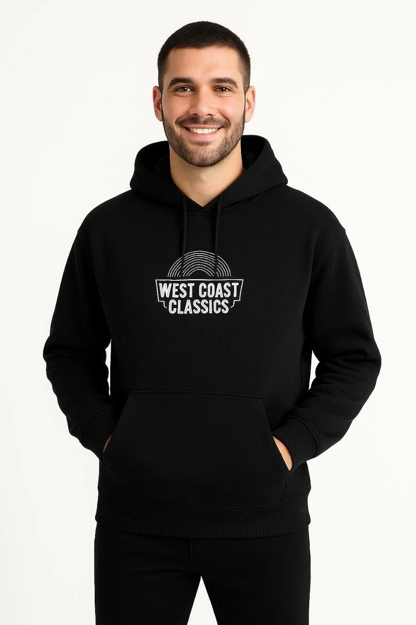 Erkek Kapüşonlu Kanguru Cepli Sweatshirt 3 İplik Pamuklu Baskılı Hoodie -  Siyah