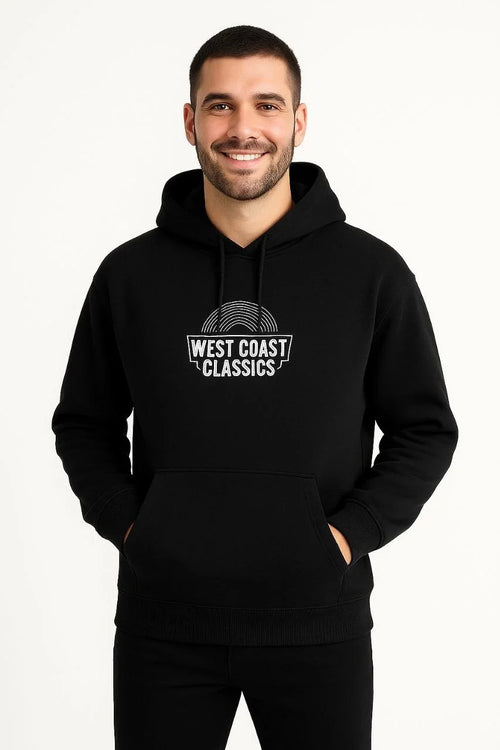 Erkek Kapüşonlu Kanguru Cepli Sweatshirt 3 İplik Pamuklu Baskılı Hoodie -  Siyah