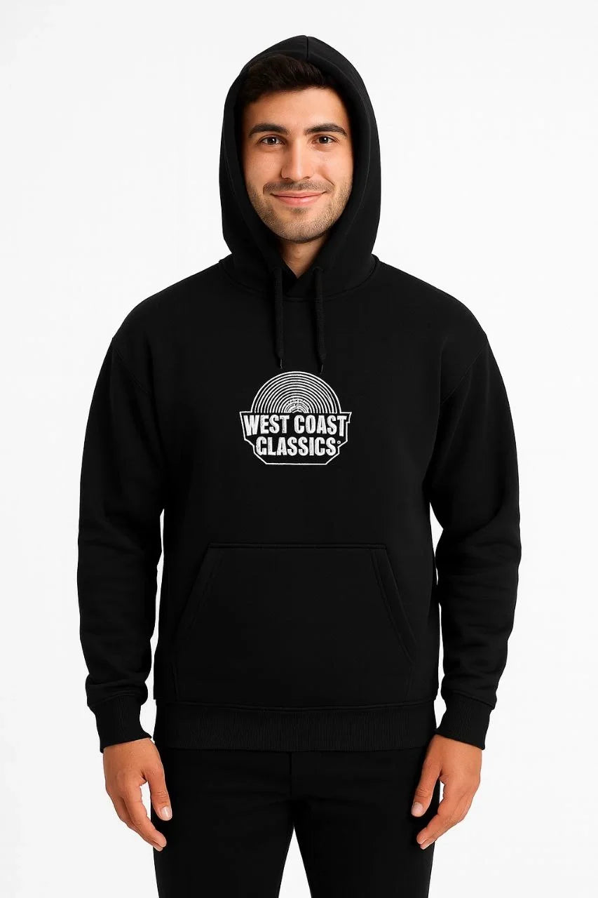 Erkek Kapüşonlu Kanguru Cepli Sweatshirt 3 İplik Pamuklu Baskılı Hoodie -  Siyah