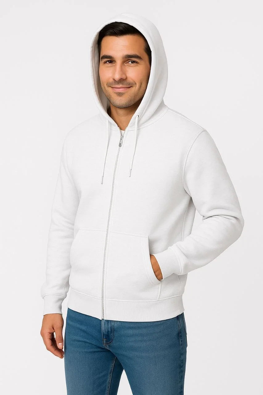 Erkek 3 İplik Pamuklu Kapüşonlu Tam Fermuarlı Cepli Hoodie Sweatshirt - Beyaz