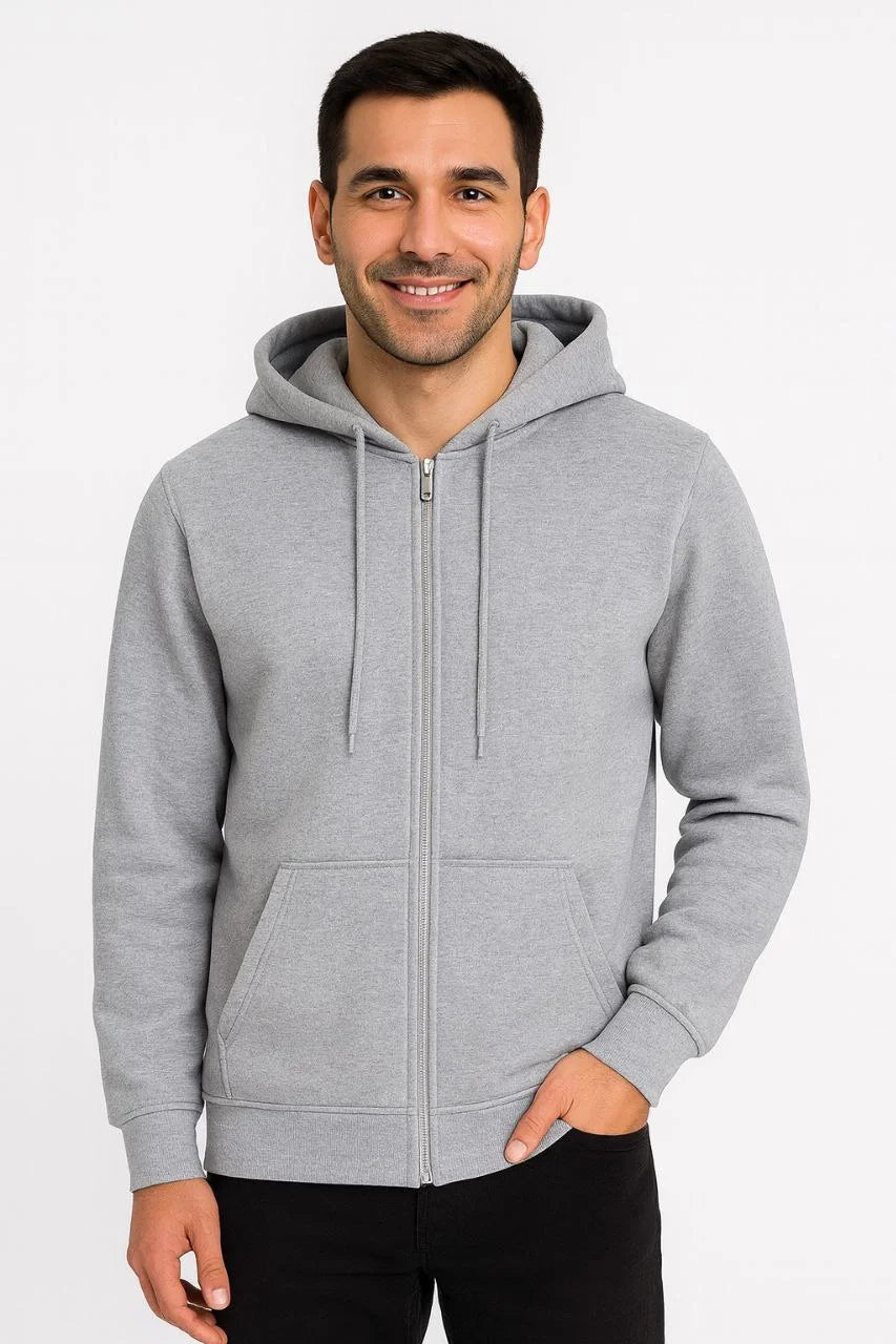 Erkek 3 İplik Pamuklu Kapüşonlu Tam Fermuarlı Cepli Hoodie Sweatshirt - Gri